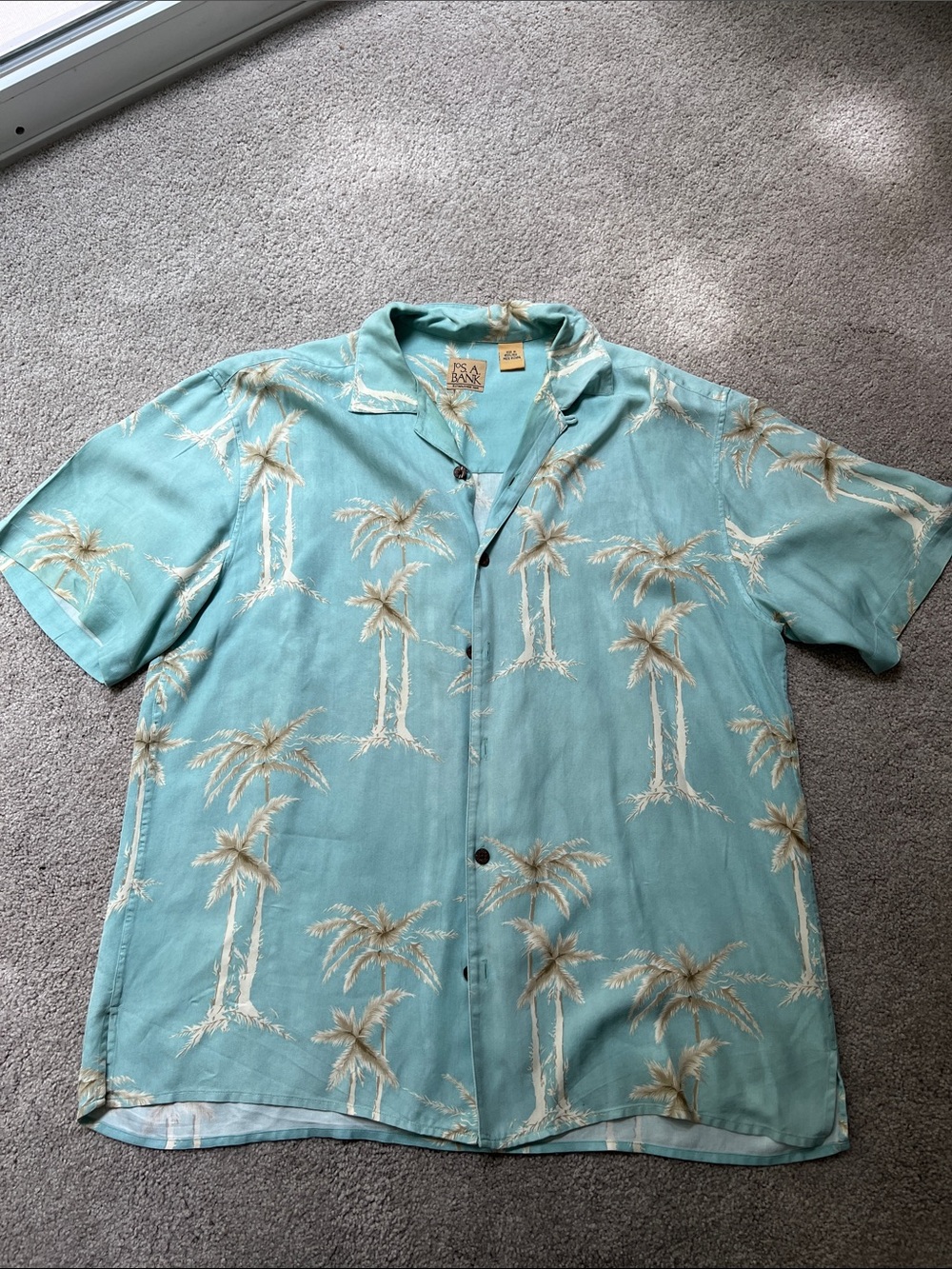 Jos. A. Bank Aqua Palm-Print Short Sleeve Button-Down Shirt
